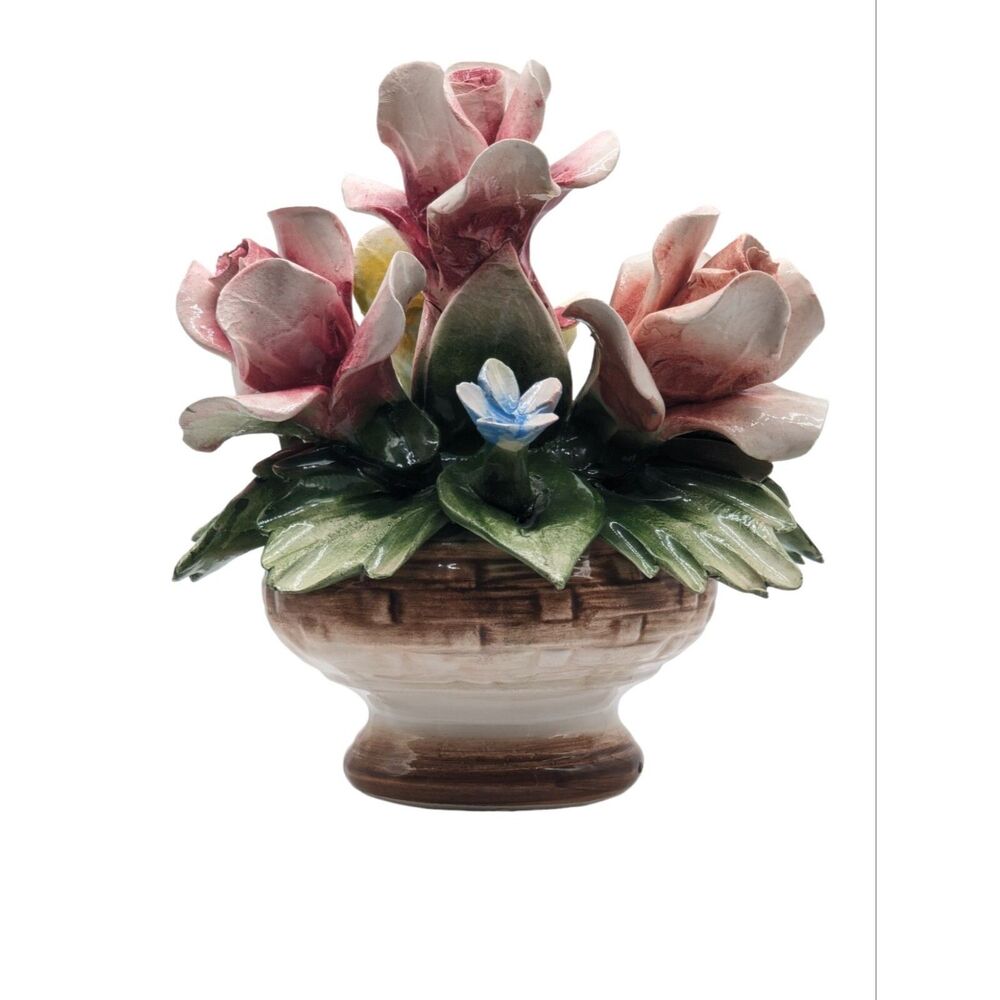 Vintage Multicolor Capodimonte Roses Porcelain Floral Italian Centerpiece READ